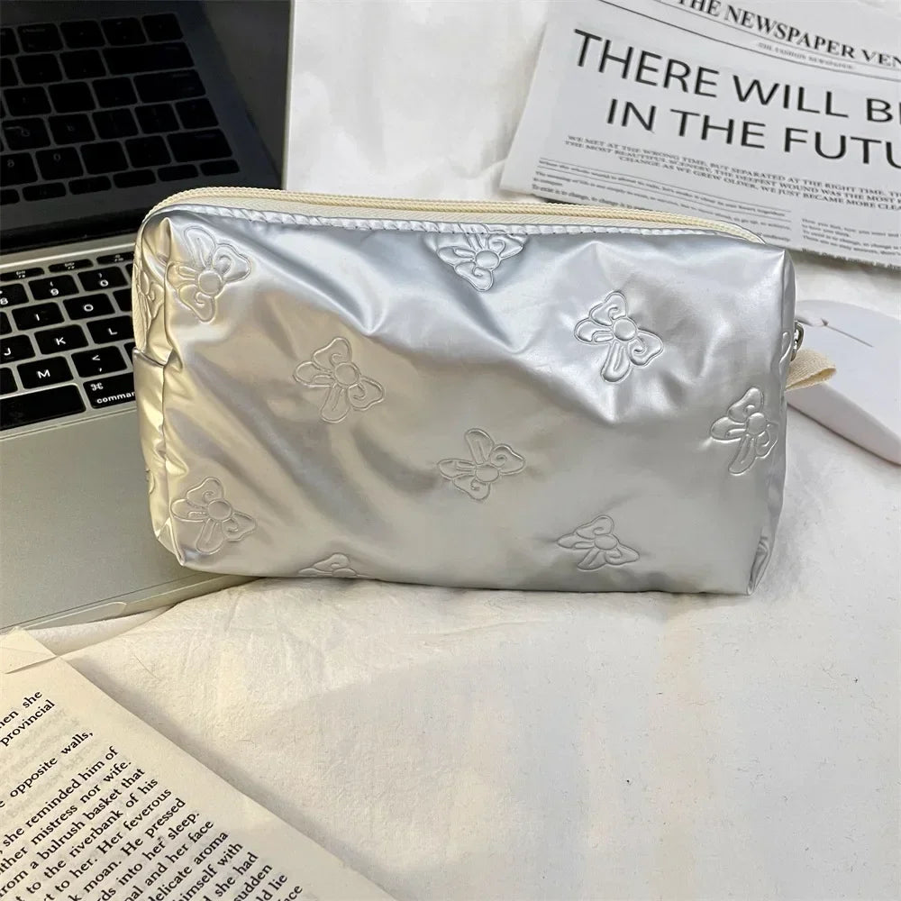 Korean PU Love Bow Cosmetic Bag Makeup Pouch Travel Cosmetic Organizer Pocket Multi-function Makeup Lipstick Storage Bag Handbag