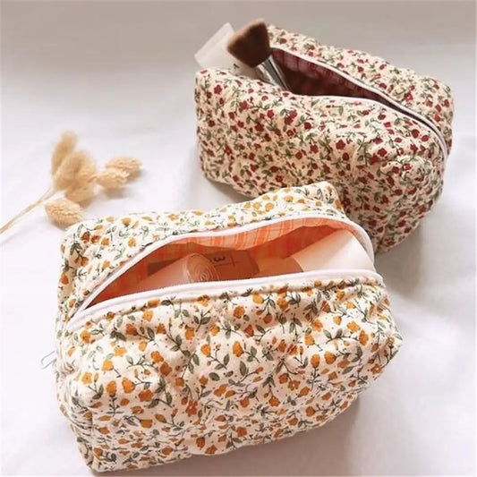 Floral Quilted Makeup Bag Large Travel Cosmetic Pouch Toiletry Organizer