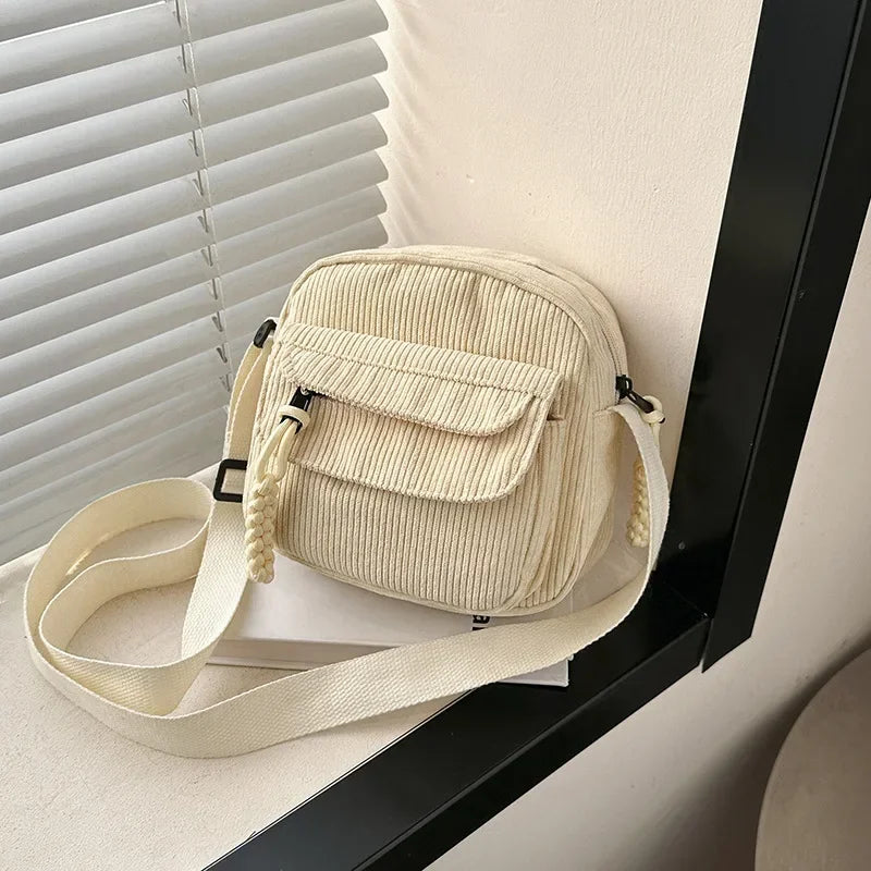 Korean Harajuku Messenger Bags Corduroy Women's Small Shoulder Bag Teenager Girl Crossbody Bag Cute Tote Student Bolsa