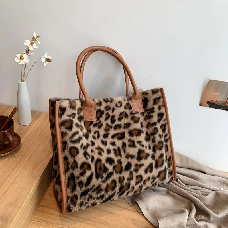 Women's Plush Leopard Cow Print Tote Bag - Furry PU Leather Shoulder Bag