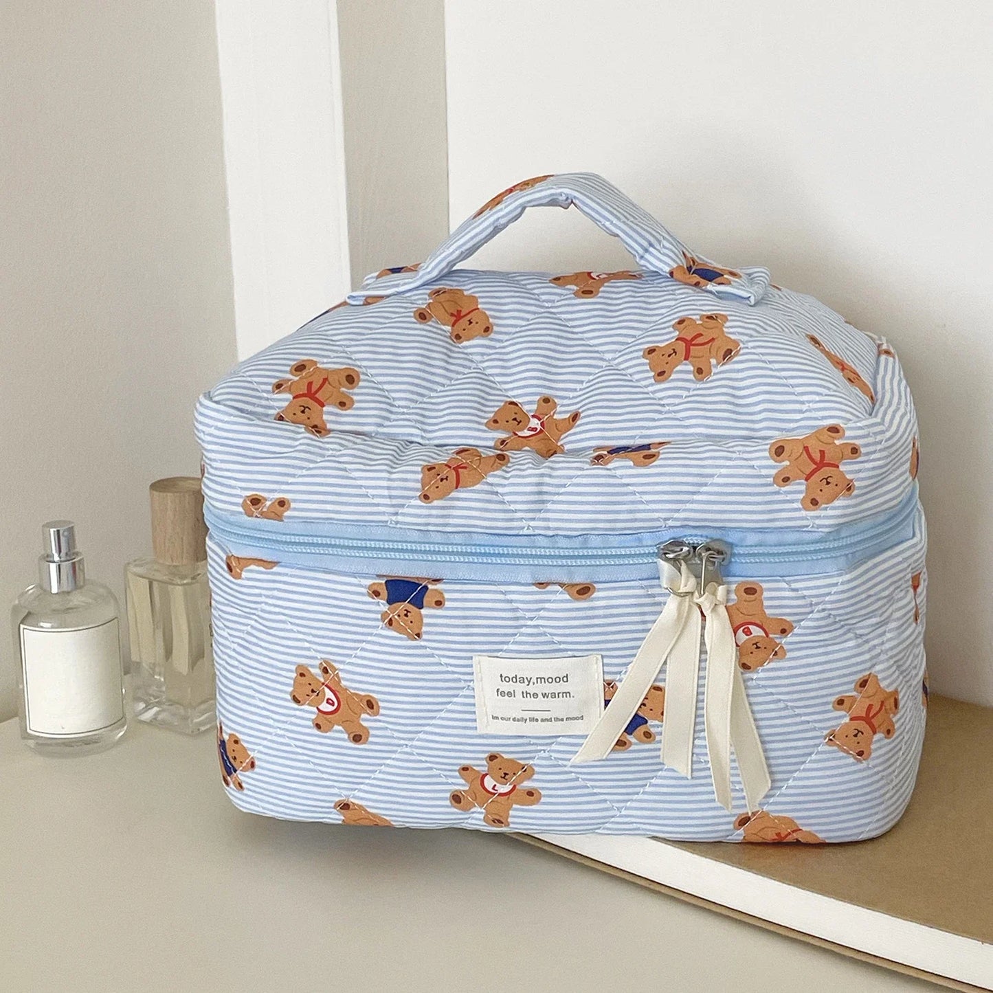 Cute Small Bear Cotton Makeup Bag Women Zipper Cosmetic Organizer Female Cloth Handbag Portable Toiletry Case for Girls