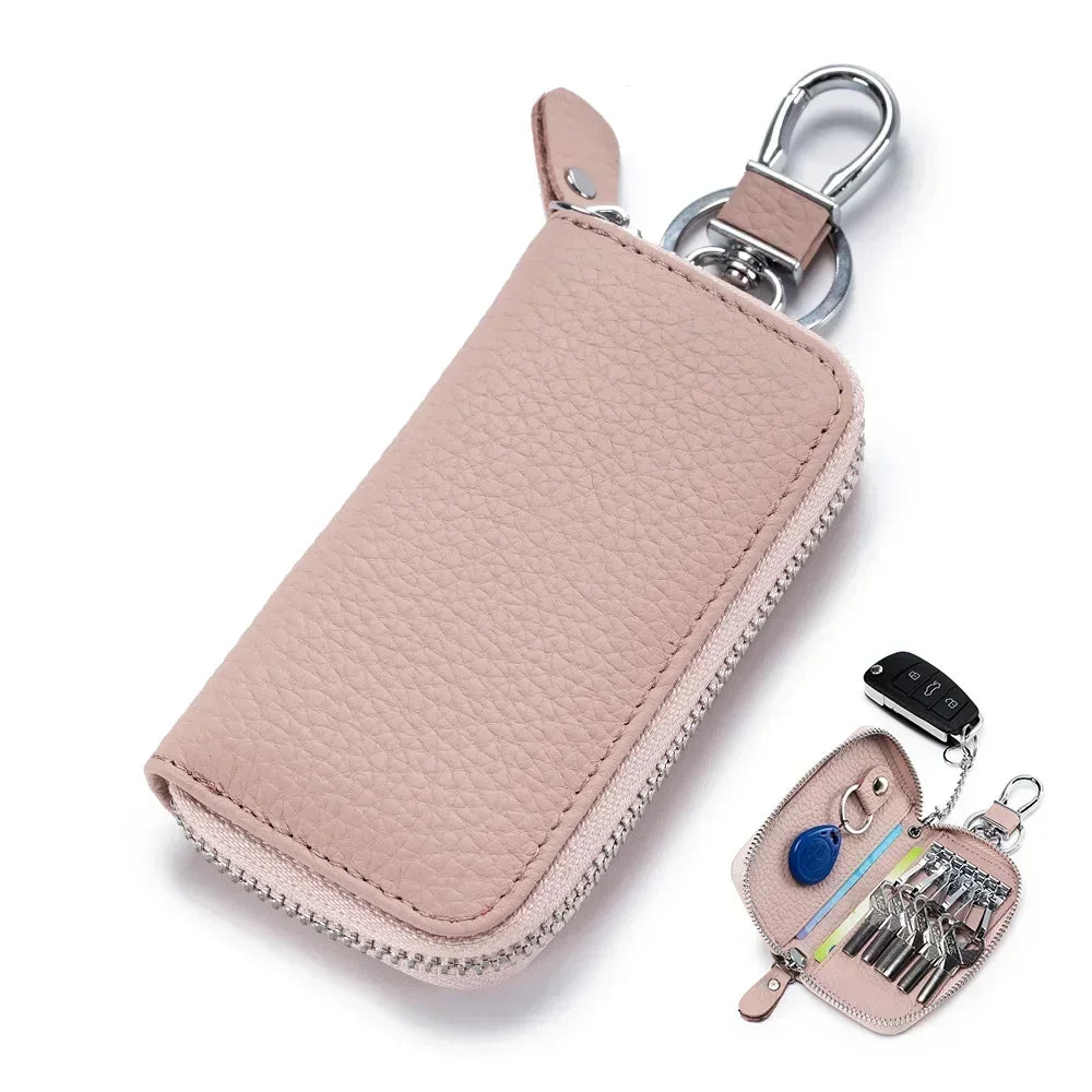 Fashion Simple Key Holder Genuine Leather Wallet Unisex Solid Color Key Wallet Organizer Bag Car Housekeeper Wallet Card Holder