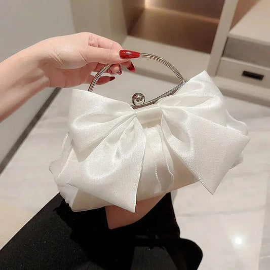 White Satin Bow Clutch Bag Metal Handle Bridal Purse Chain Shoulder Handbag