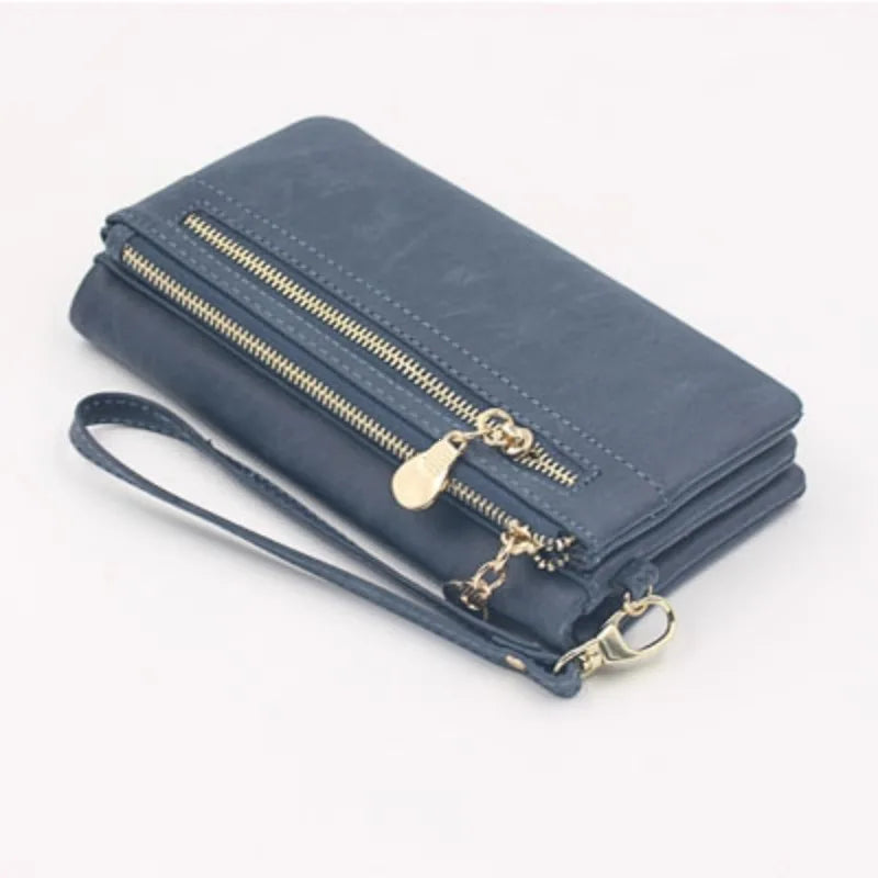 Large Capacity Women's Dull Polish Leather Wallet Double Zipper Clutch Wristlet Purse Phone Coin Card Holder Multi-pocket Wallet