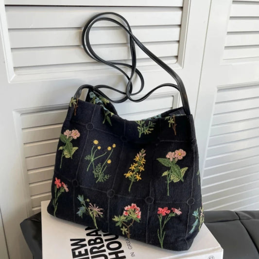 Large Embroidered Canvas Tote Bag - Trendy Summer Shoulder Bag