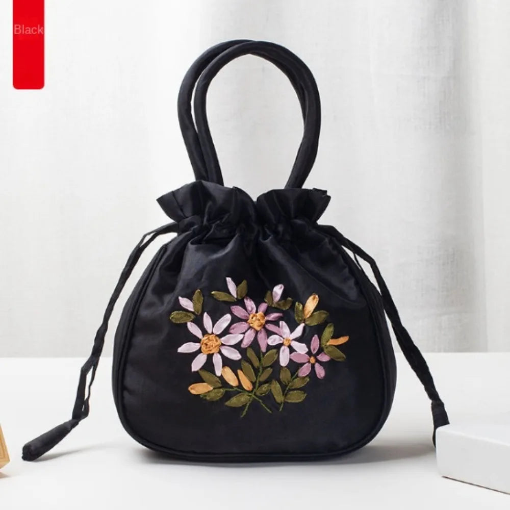 Mini Embroidered Flower Pattern Drawstring Bag Small Women Bucket Bag Top Handle Ladies Handbag Phone Bag Summer Purse