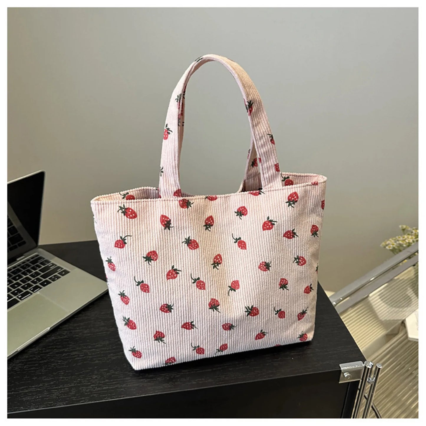 Corduroy Strawberry Print Shoulder Bag Women Large Capacity Tote