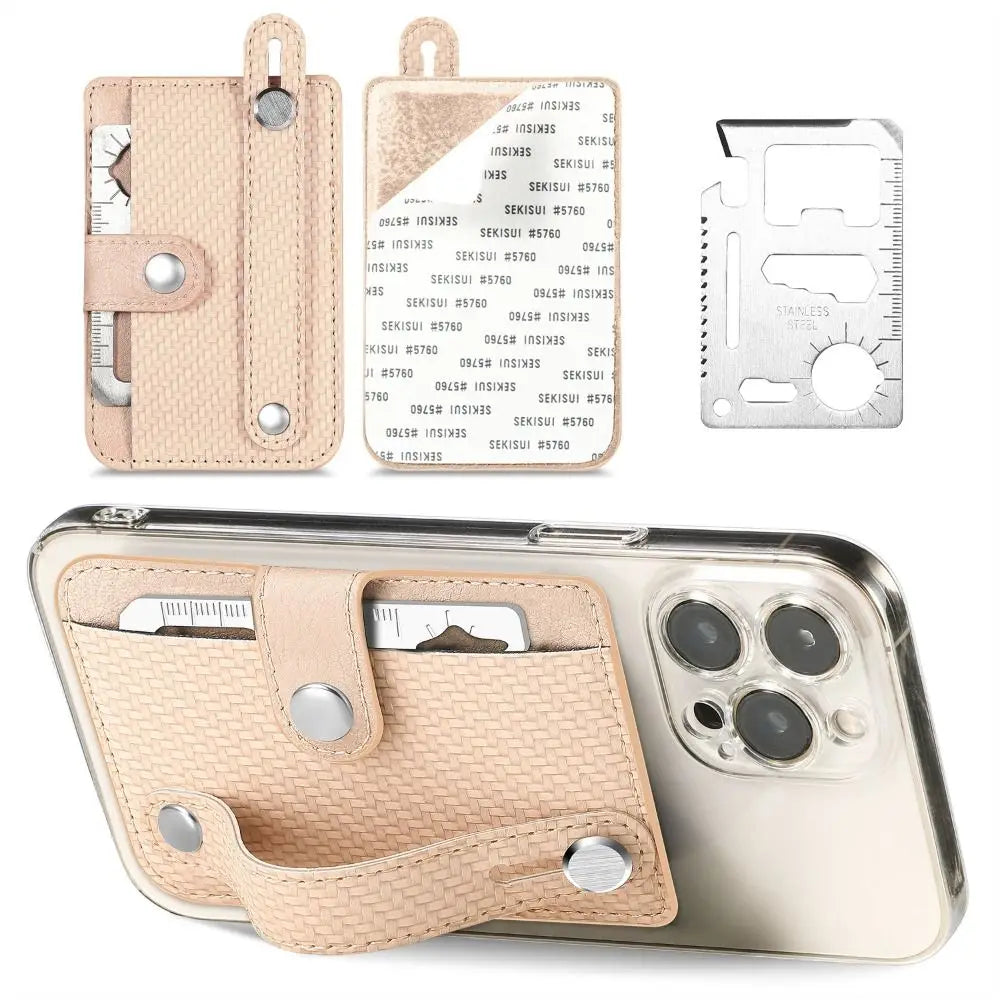 PU Leather Phone Card Bag Multifunctional Adhesive Back Sticker Phone Stand Holder Phone Protective Sleeve Bracket Wallet