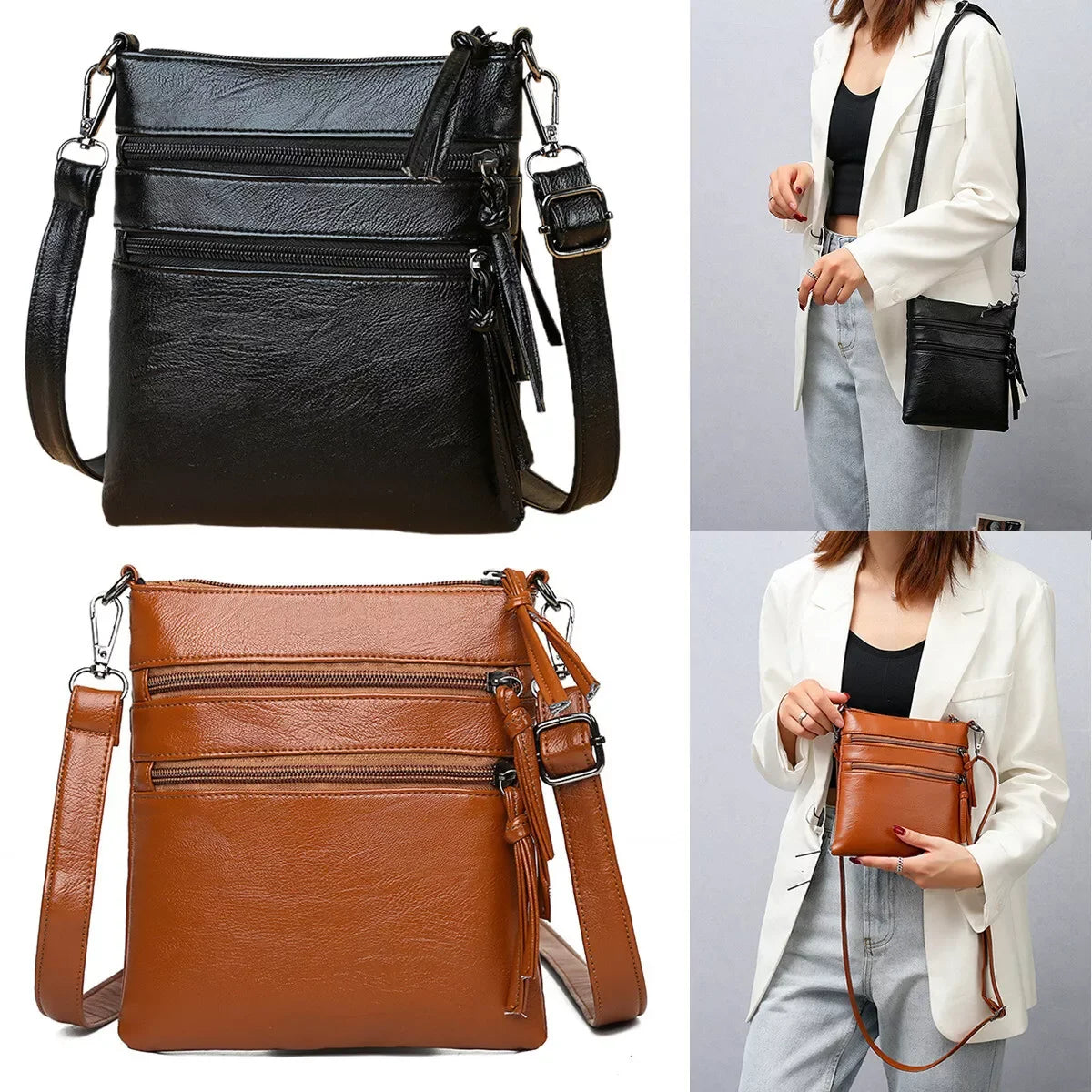 Women's Leather Crossbody Bag Multi-Layer Handbag Mobile Pouch