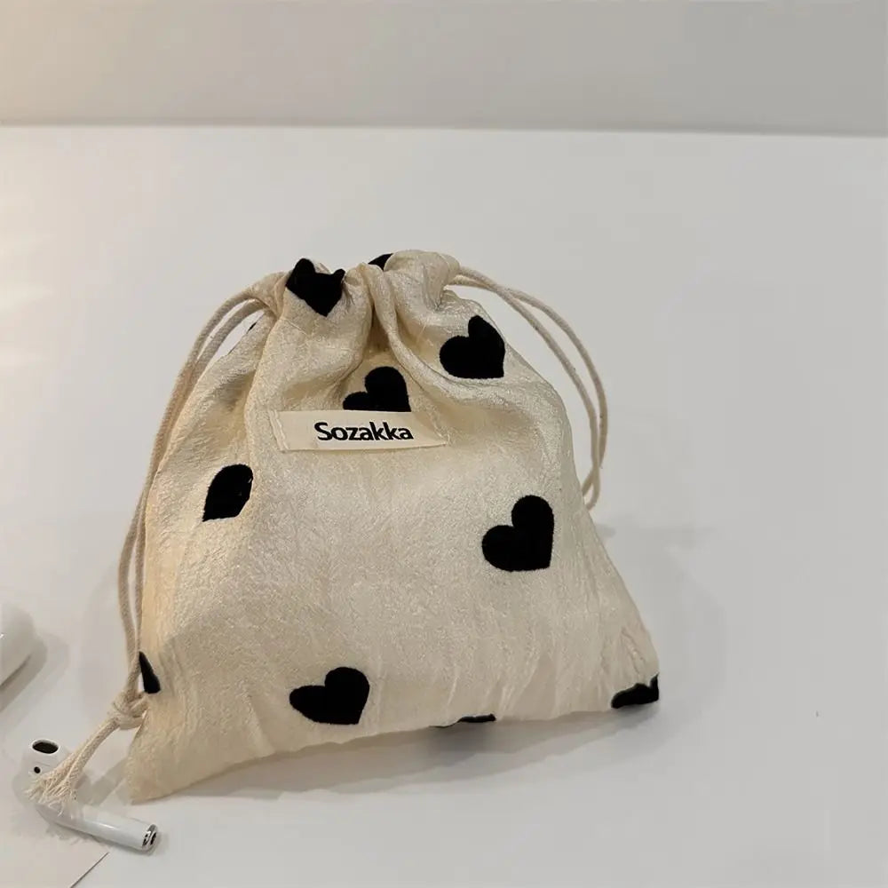 Love Drawstring Bag Polyester Pastoral Literary Style Pull Rope Pouch Coin Purse Vintage Drawstring Pocket Jewelry Storage Bag