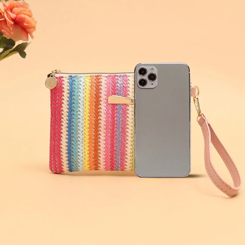 Rattan Knitting Women Straw Bags Fashion Colorful Summer Beach Clutch Bag Female Woven Wristlet Bag Wallet Money Coin Purse