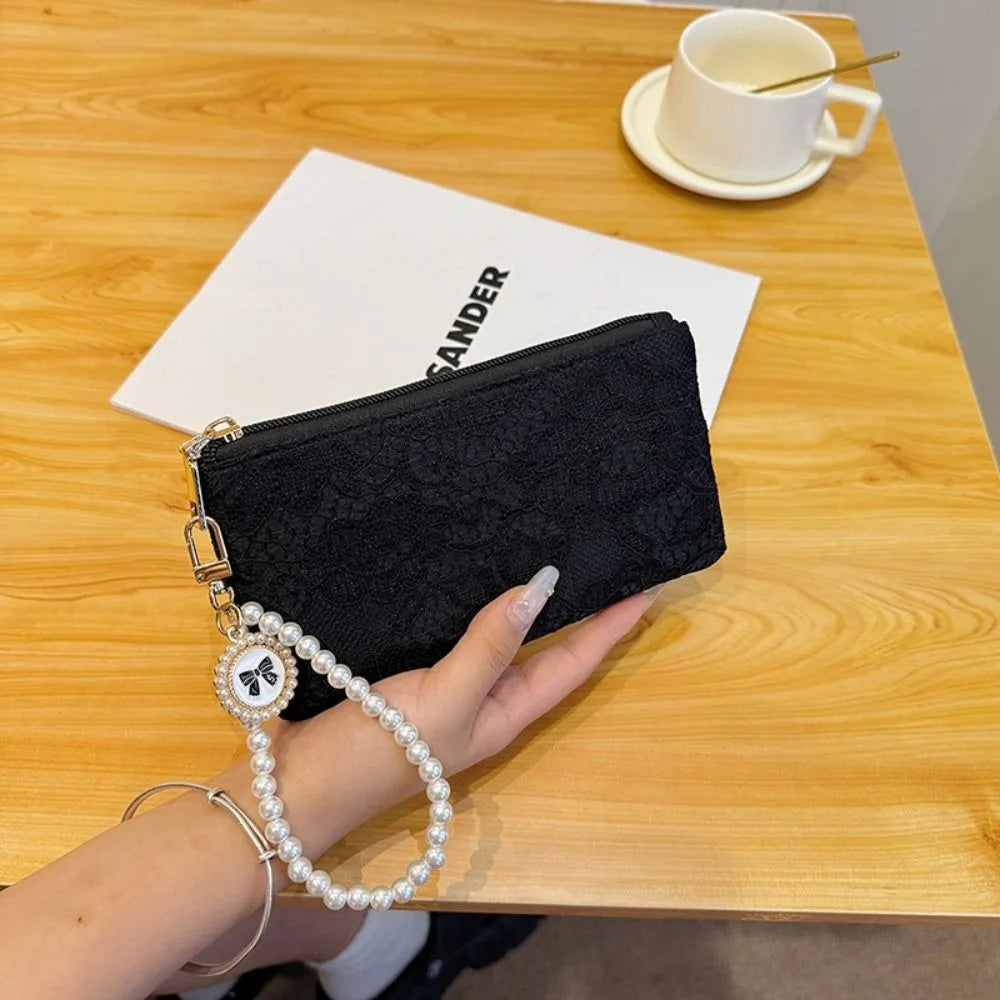 Fashion Elegant Large Capacity Women Wallet Pearl Chain Lace Coin Purse Clutch Bag Storage Bag Party Bag