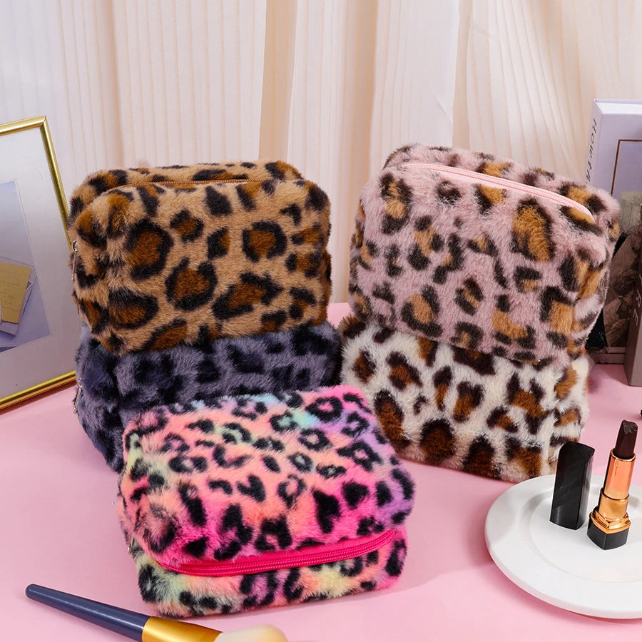 Leopard Print Makeup Bags for Women Plush Travel Cosmetic Bag Organizer Case Lady Girls Make Up Case Necessaries Handbags Case