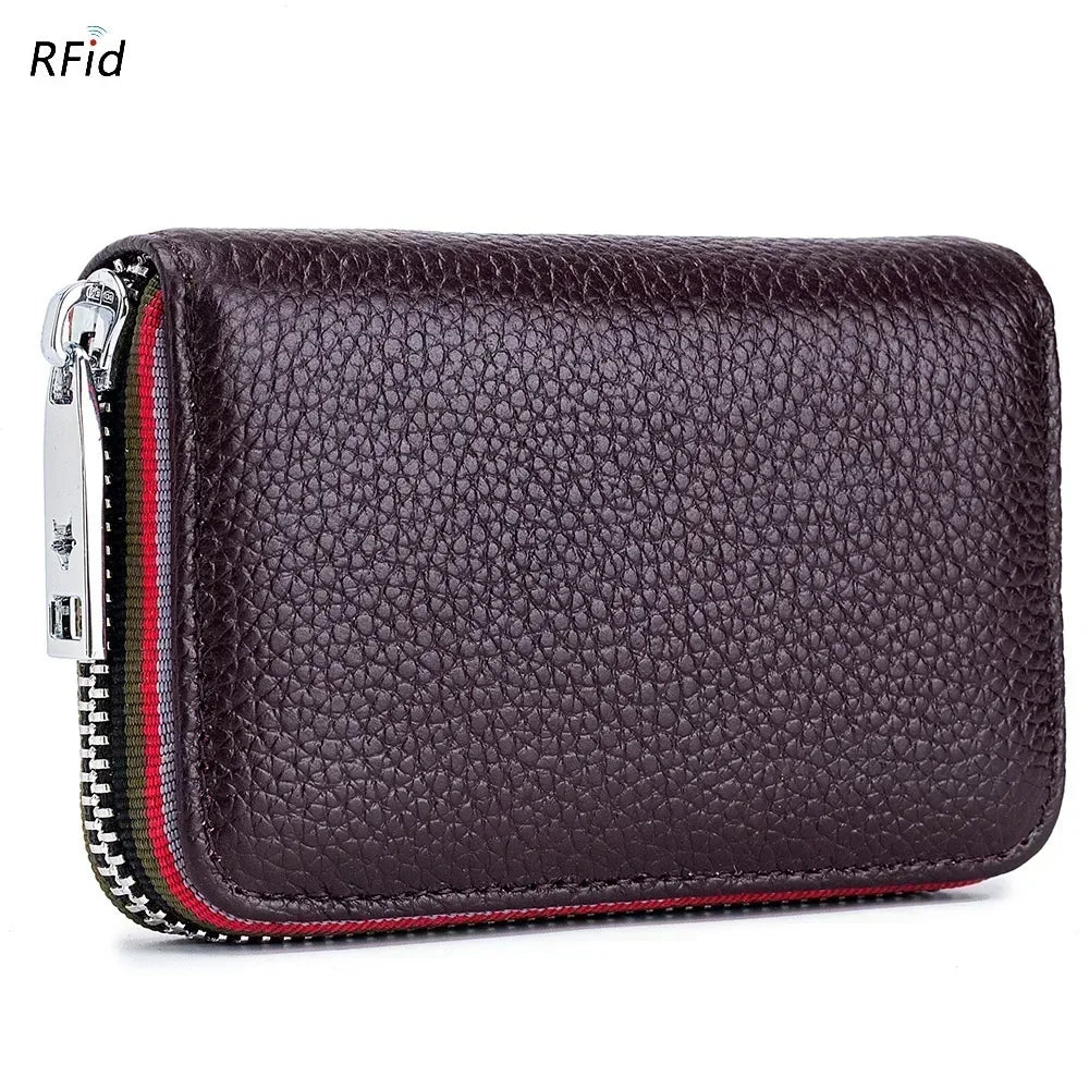 Genuine Leather Men Women Card Holder Small Zipper Wallet Solid Coin Purse Accordion Design Rfid ID Business Credit Card Bags