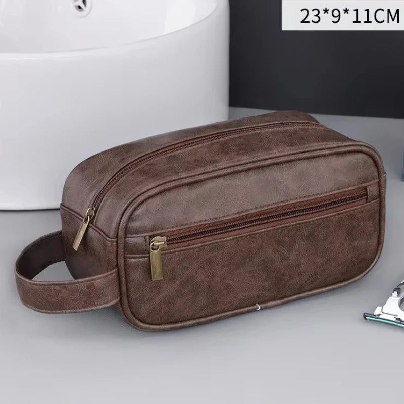 Men Leather Wash Bag Travel Business Trips Portable Cosmetic Bag Large Capacity Multi Pocket Design Handheld Leather Wash Bag