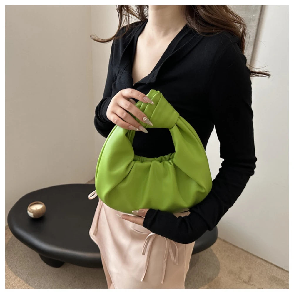 Women Pleated Clutch Bag Solid Color PU Leather Knot Wrist Bag Top Handle Handbag Fashion Simple Ladies Ruched Phone Pouch Purse