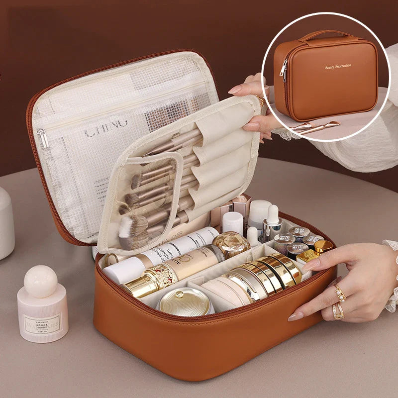 High-Capacity Multifunctional Cosmetic Bag with Makeup Brush Pouch