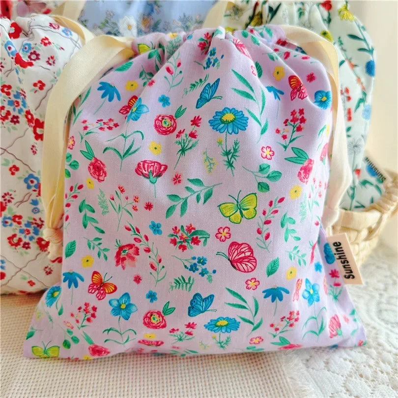 Portable Organizer for Underwear Socks Bra Cotton Makeup Bag Travel Drawstring Bags Ins Flower Print Clothes Cosmetic Bags 2025