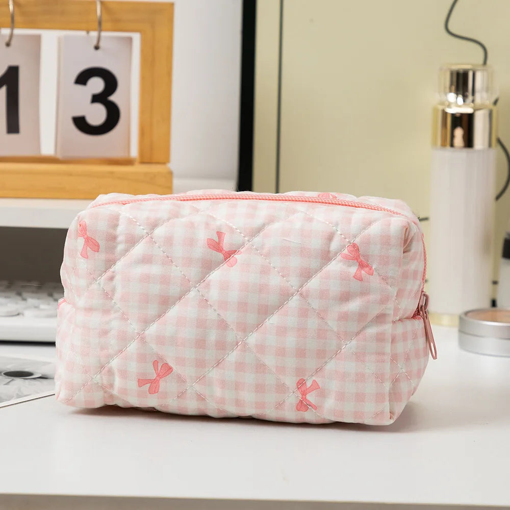 Women's Cosmetic Bags Bow Cute Cotton Makeup Bag Women Zipper Cosmetic Organizer Portable Toiletry Handbag