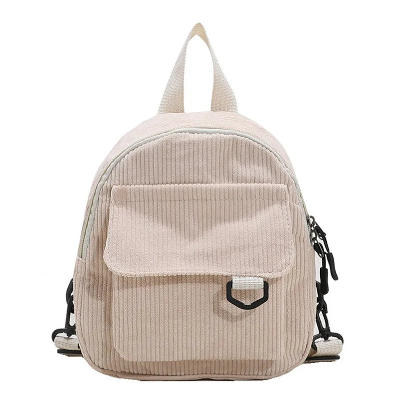 Corduroy Mini Backpack - Casual Student Bookbag, Travel Rucksack, Fashion Shoulder Bag