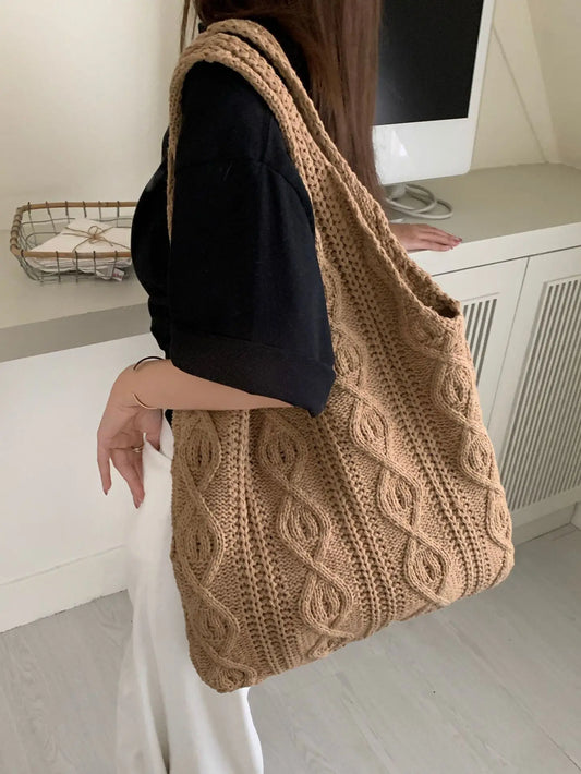 Large Knit Crochet Tote Bag for Women - Vintage Cotton Shoulder Shopper Handbag