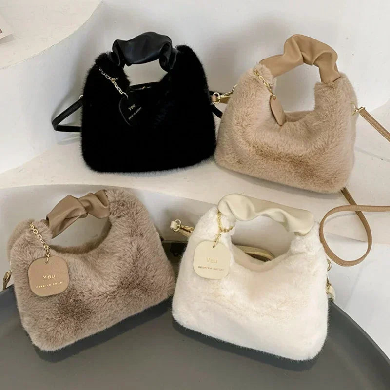 Women Faux Fur Plush Handbags Ruched Handle Small Lady Shoulder Crossbody Bag Casual Tote Half-Moon Hobos Winter Bags for Women