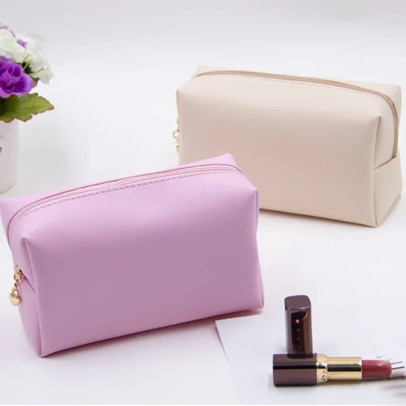 Women Cosmetic Bag Waterproof PU Leather Solid Color Makeup Pouch Travel Portable Wash Toiletry Storage Bag Organizer Case