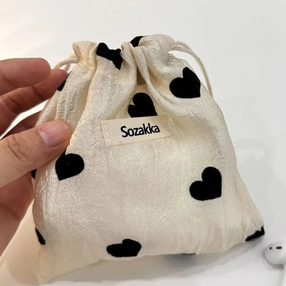 Love Drawstring Bag Polyester Pastoral Literary Style Pull Rope Pouch Coin Purse Vintage Drawstring Pocket Jewelry Storage Bag