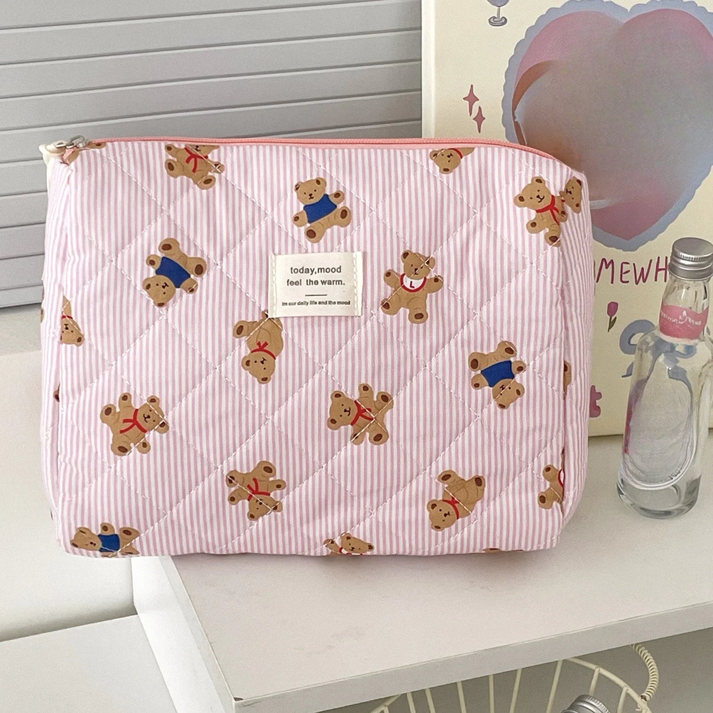 Cute Small Bear Cotton Makeup Bag Women Zipper Cosmetic Organizer Female Cloth Handbag Portable Toiletry Case for Girls