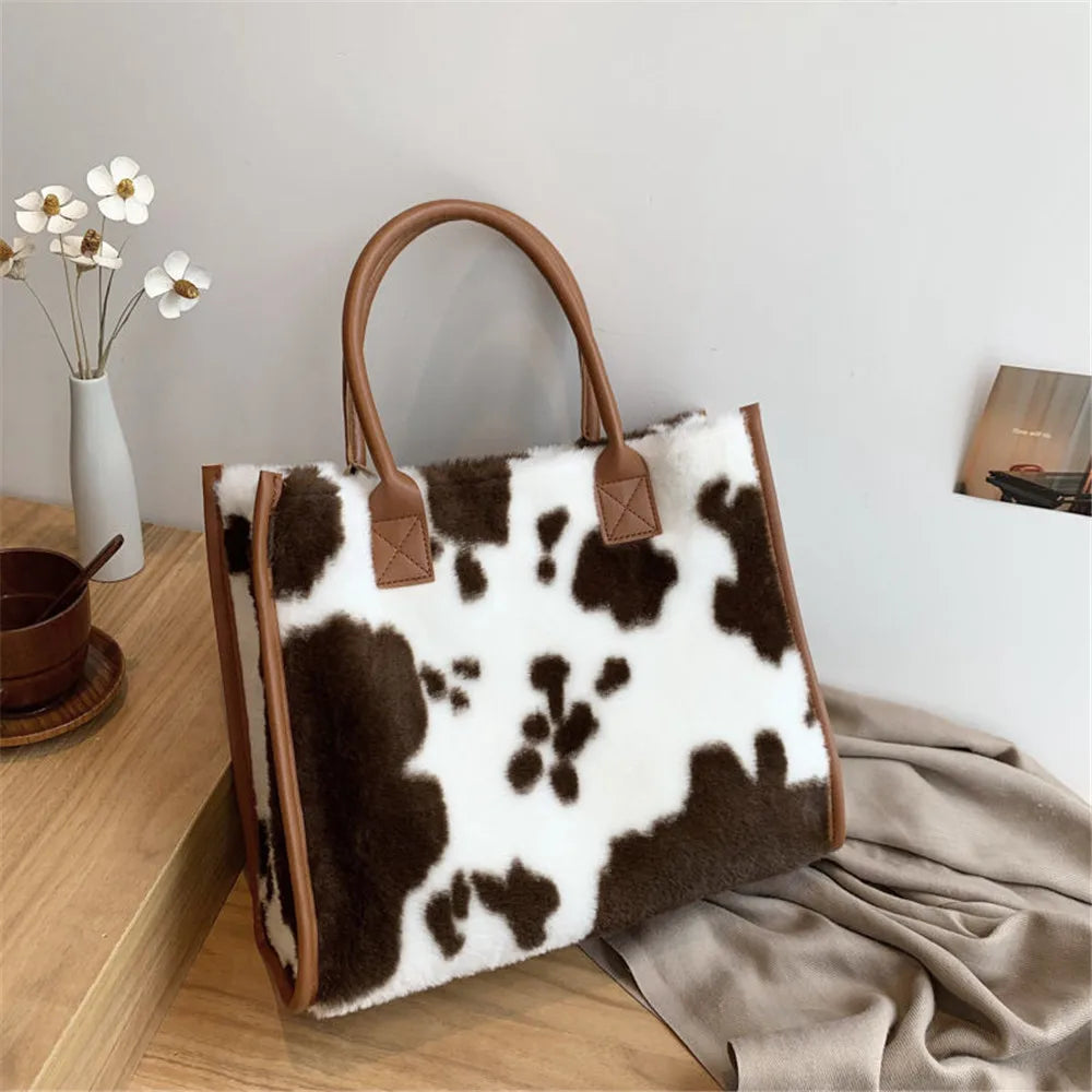 Faux Fur Cow Pattern Tote Bag - Large Capacity Plush Shoulder Handbag