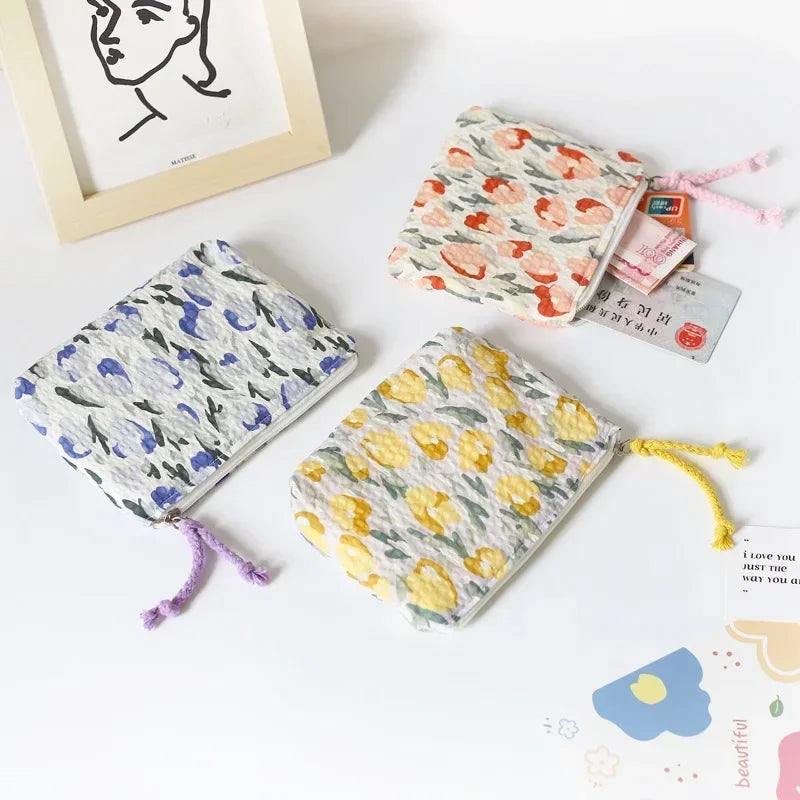 Japan Style Floral Coin Purse Women Mini Bag Cotton Change Purse Girls Cute Small Wallet Square Coin Pouch Cosmetic Storage Bag