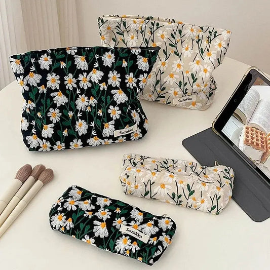 Cosmetic Bag Women Floral Makeup Case Organizer Korean Embroidery Cosmetic Pouch Travel Toiletry Bag Corduroy Canvas Beauty Case