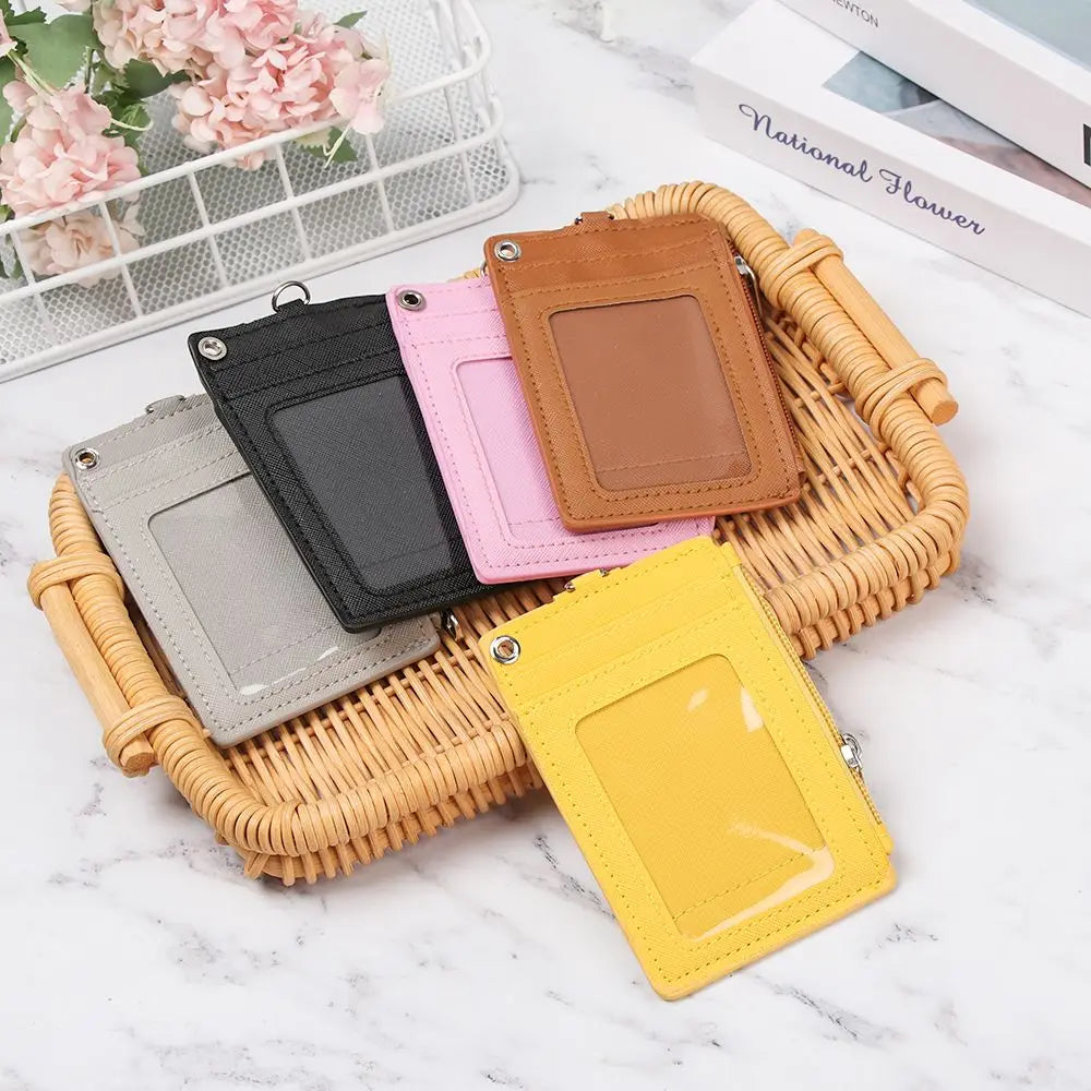 Portable PU Leather Coin Purse Wallet Keychain Office Work Business ID Card Credit Badge Holder Bus Cards Cover Zipper Pocket