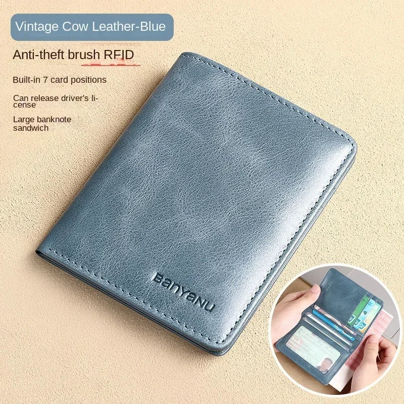 Genuine Leather Rfid Wallet for Men Slim Vertical Wallets Black Thin Short ID Credit Card Holder Minimalist Men's Blue Money Bag