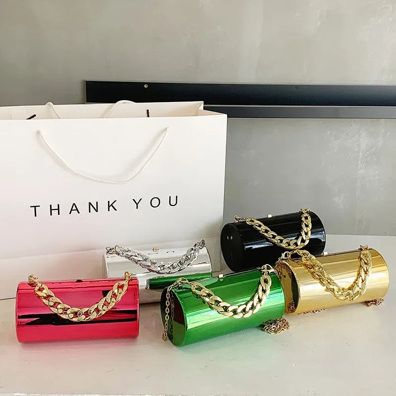 Women's Handbag Bags For Women 2025 Party Clutches Fashion Cylinder Mini Evening Purse Crossbody Shoulder Bag Gold Box Clutch