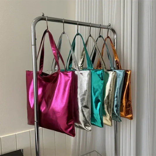 Glossy PU Leather Tote Bag - High Capacity Fashion Shoulder Handbag