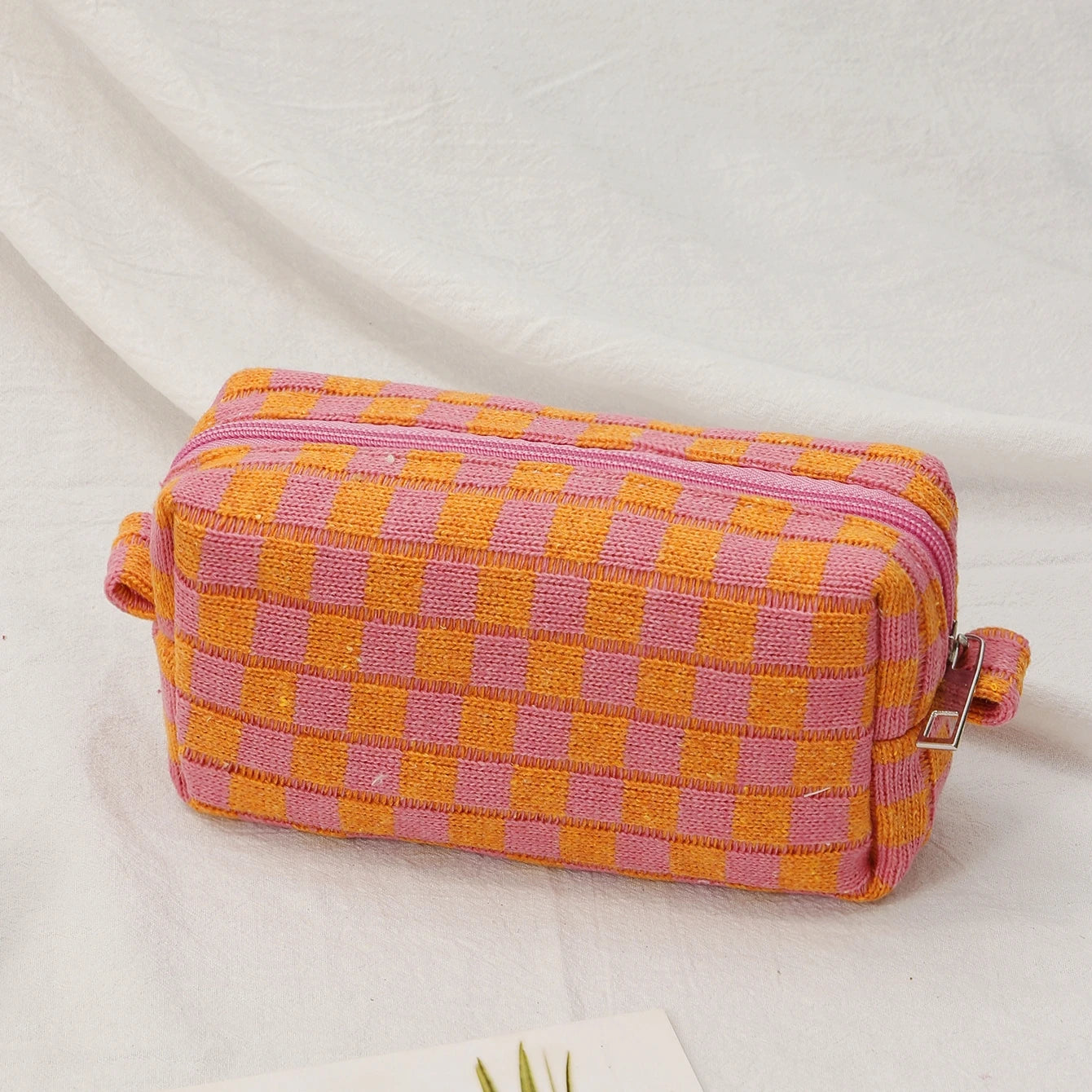 Checkerboard Cosmetic Bag Knitted Toiletry Storage Bag Colorful Makeup Pouch Organizer Checkered Pattern Cosmetic Bag