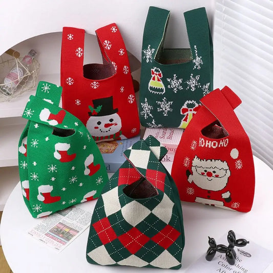 Christmas Knit Handbag Snowflake Santa Tote Reusable Shopping Bag Handmade Wrist Bag