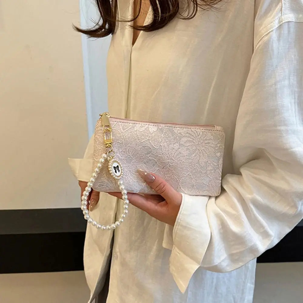 Fashion Elegant Large Capacity Women Wallet Pearl Chain Lace Coin Purse Clutch Bag Storage Bag Party Bag