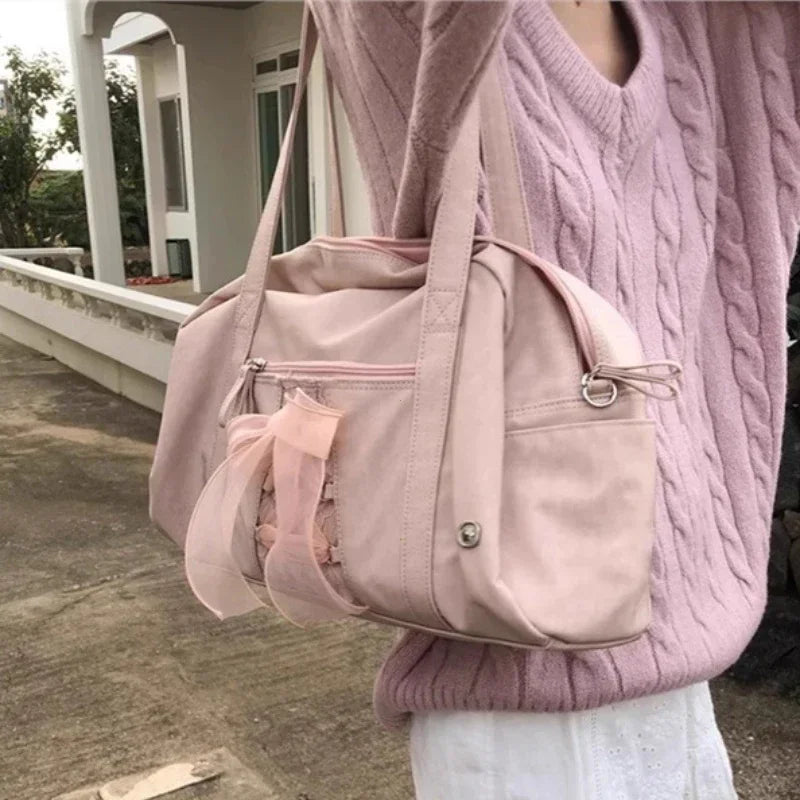 Sewing Thread Bow Zipper Ladies Shoulder Bags Commuting Crossbody Bags for Women 2025 Nylon Large Capacity Handbags Bolso Mujer