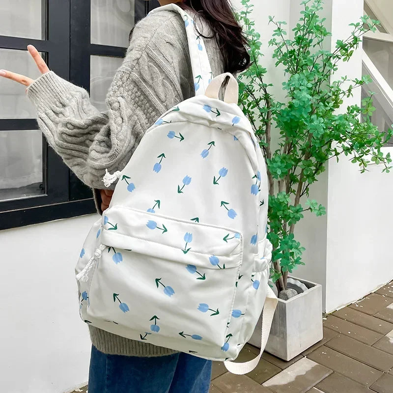 Korean Floral White Backpack for Teenage Girls - Cute Women's Nylon School Bag