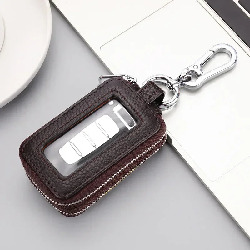 Double-layer Zipper Car Key Bag Lychee Pattern Top Layer Cowhide Key Bag Genuine Leather Key Chain Large Capacity Unisex KeysBag