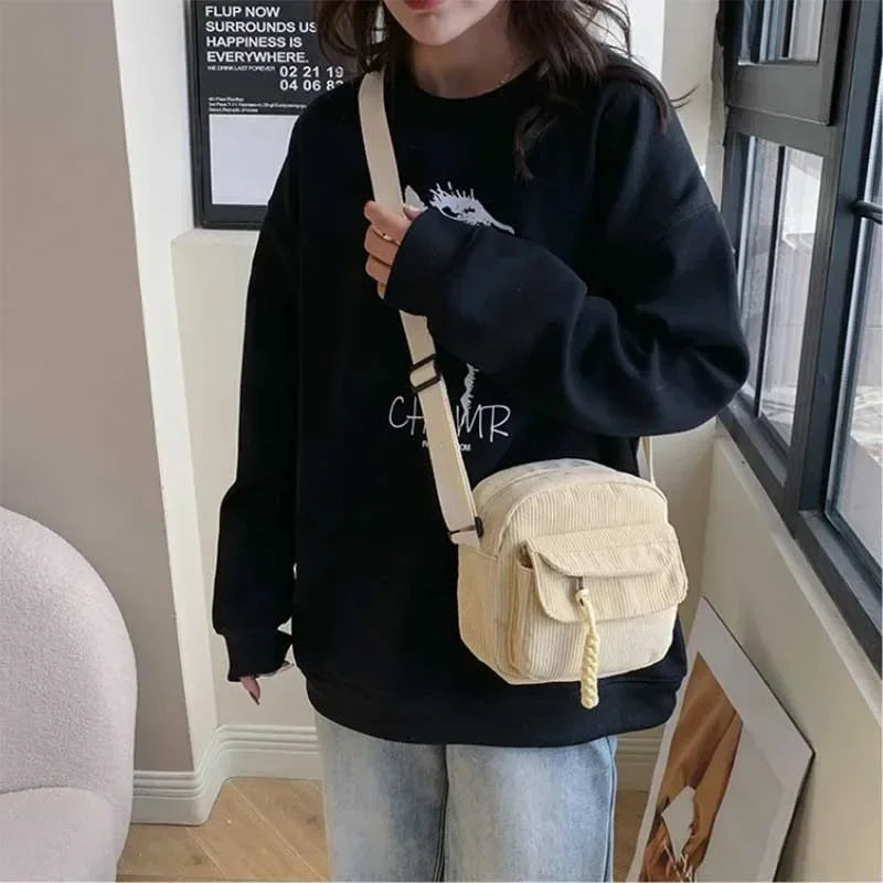 Korean Harajuku Messenger Bags Corduroy Women's Small Shoulder Bag Teenager Girl Crossbody Bag Cute Tote Student Bolsa