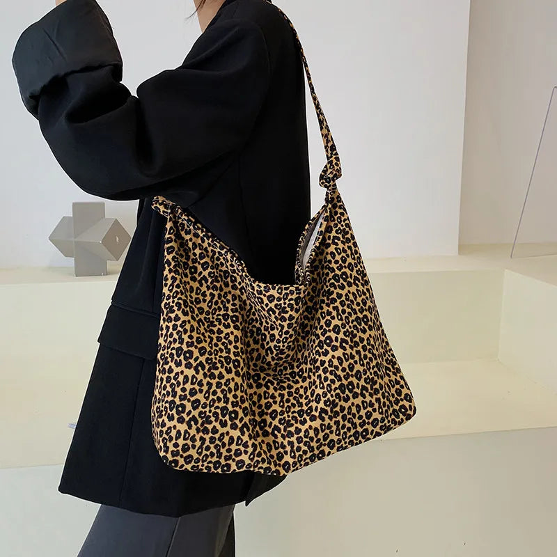 Leopard Print Canvas Tote Bag - Large Capacity Shoulder Handbag