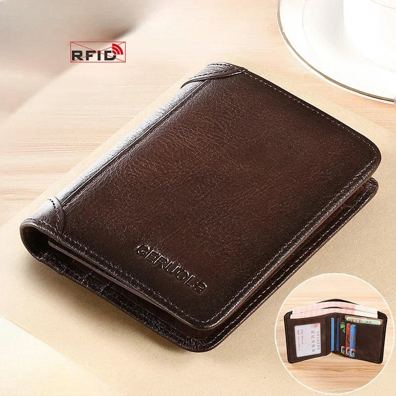 Men Wallet Genuine Leather Rfid Blocking Trifold Wallet Vintage Thin Short Multi Function ID Credit Card Holder Male Purse Money