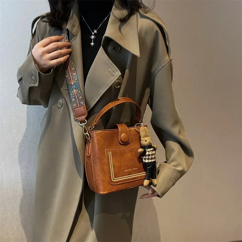 Vintage Simple Small PU Leather Bucket Crossbody Bag for Women 2025 Designer Fashion Lady Luxury Black Shoulder Handbag