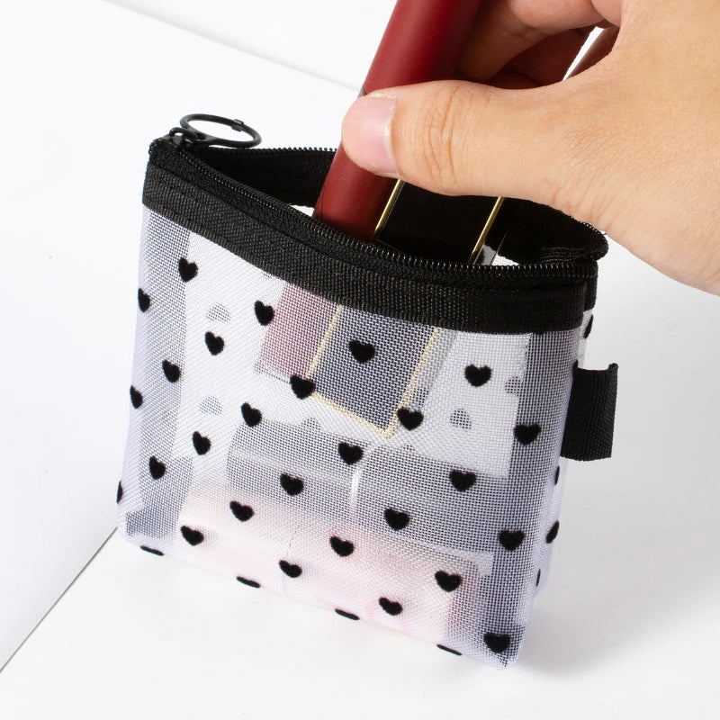 Heart Shaped Printed Clear Mesh Storage Bag Portable Transparent Cosmetic Bag Makeup Pouch Mini Cute Coin Purse Card Holder Case