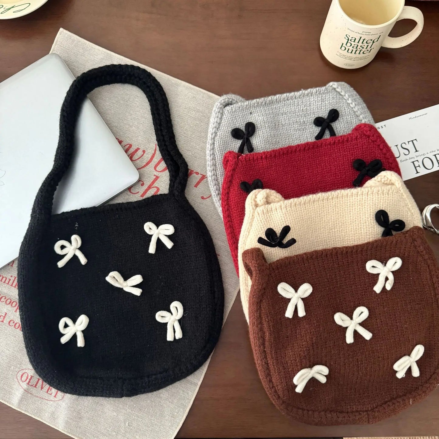 Handmade Knitted Bow Crochet Tote Bag - Women's Fashion Shoulder Bag