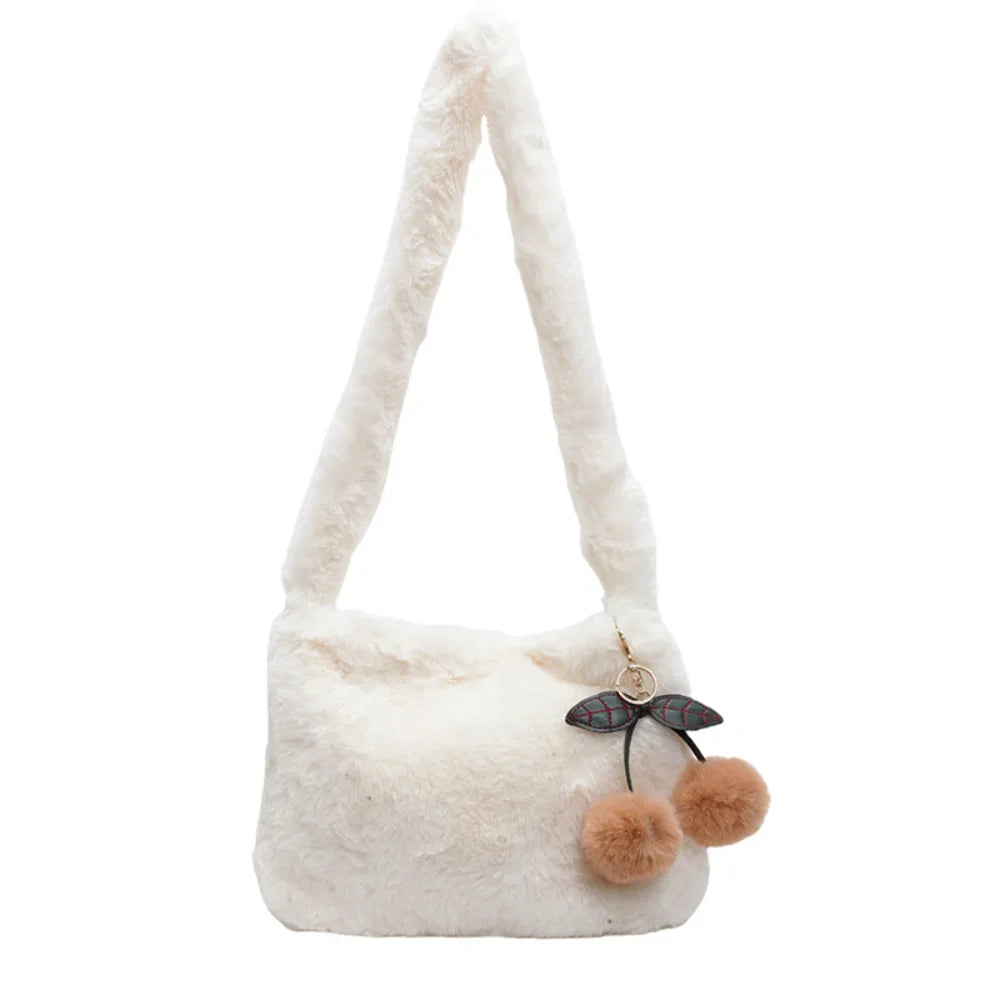 Women's Large Plush Bag with Cherry Pendant - Fluffy Shoulder Crossbody Winter Handbag