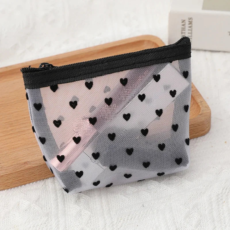 Nylon Mesh Cosmetic Bag Multifunctional Zipper Heart Shaped Toiletry Organizer Makeup Bags Women Lipstick Key Coin Purse Pouch